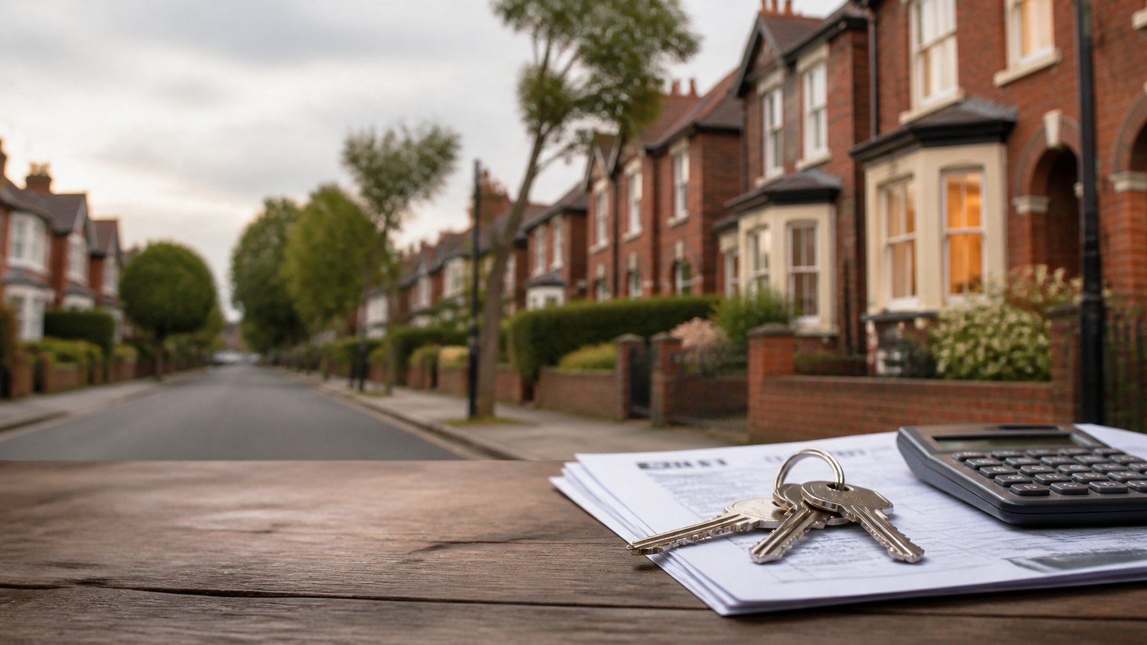 House keys, a council tax bill and calculator overlooking a North West England residential street