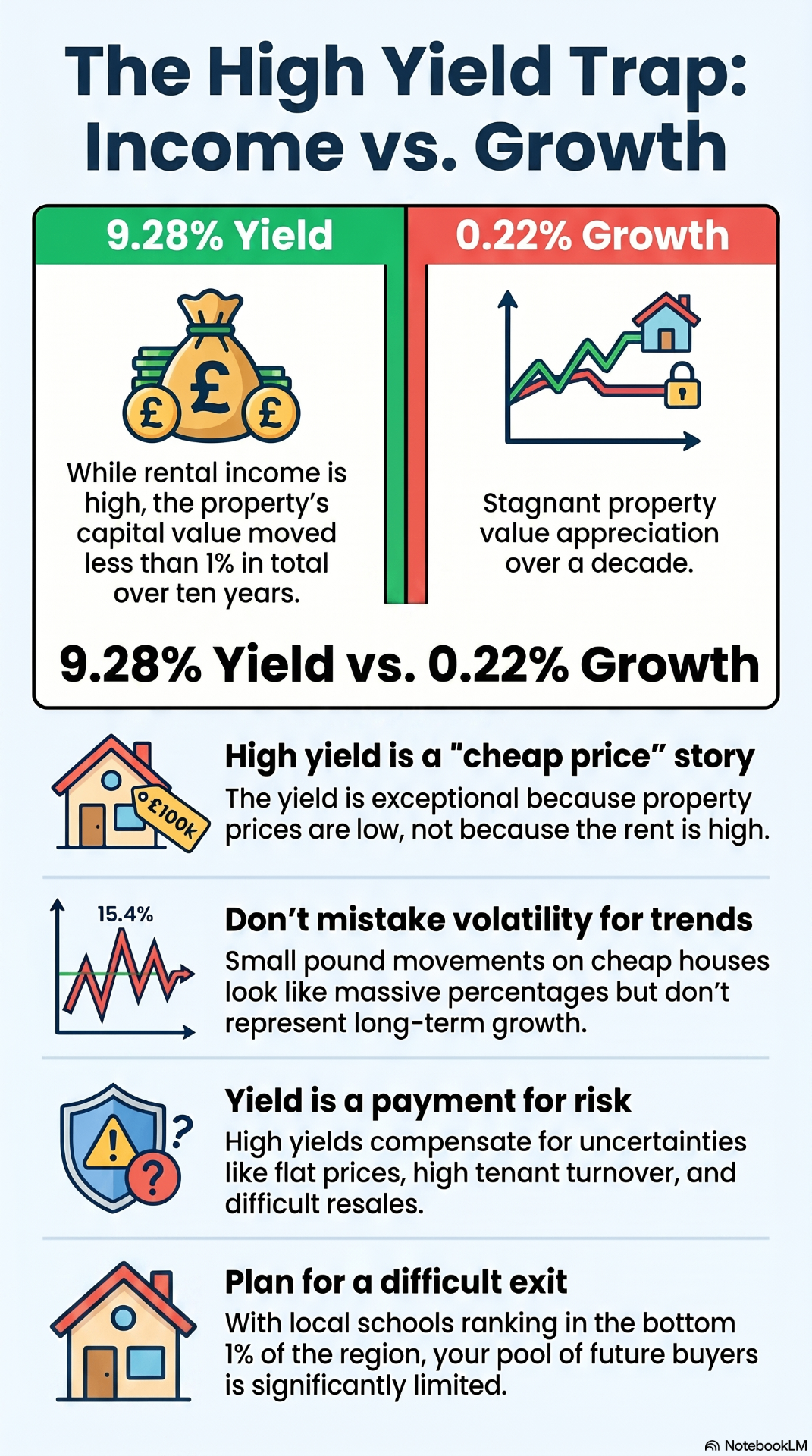 The High Yield Trap infographic: 9.28% Yield vs 0.22% Growth — income vs growth in ST6 3 Stoke-on-Trent