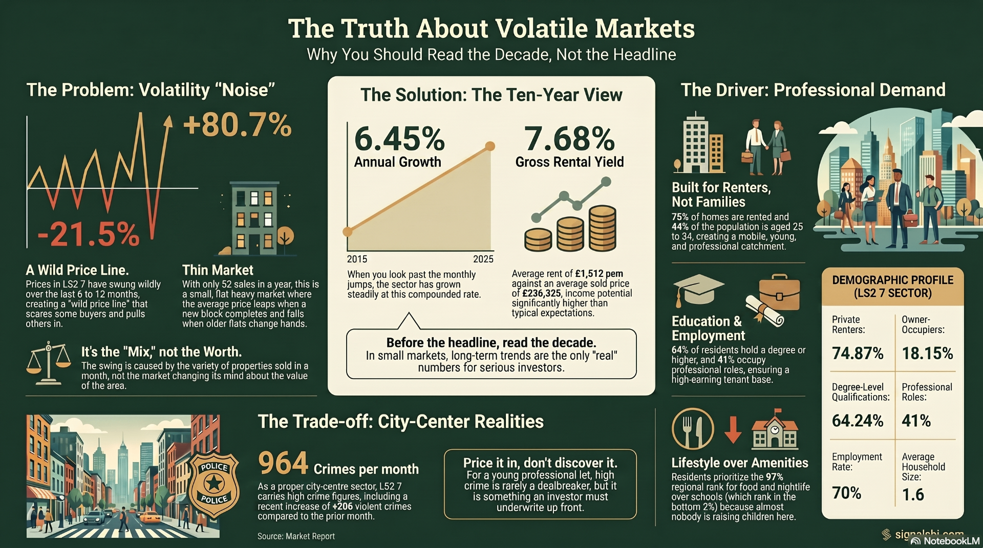 Infographic: LS2 7 Leeds — volatility noise vs the ten-year view, professional demand and city-centre trade-offs